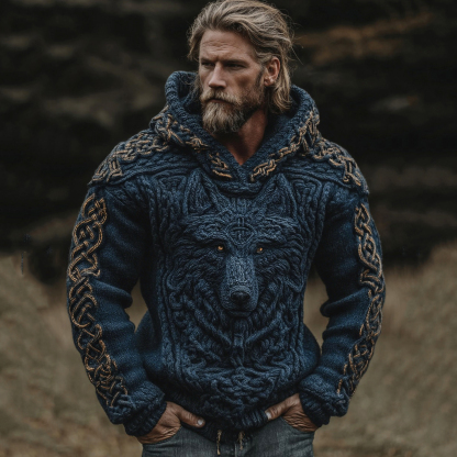 Мъжки плетен пуловер с качулка и жакардов мотив с келтски възел и викингски вълк