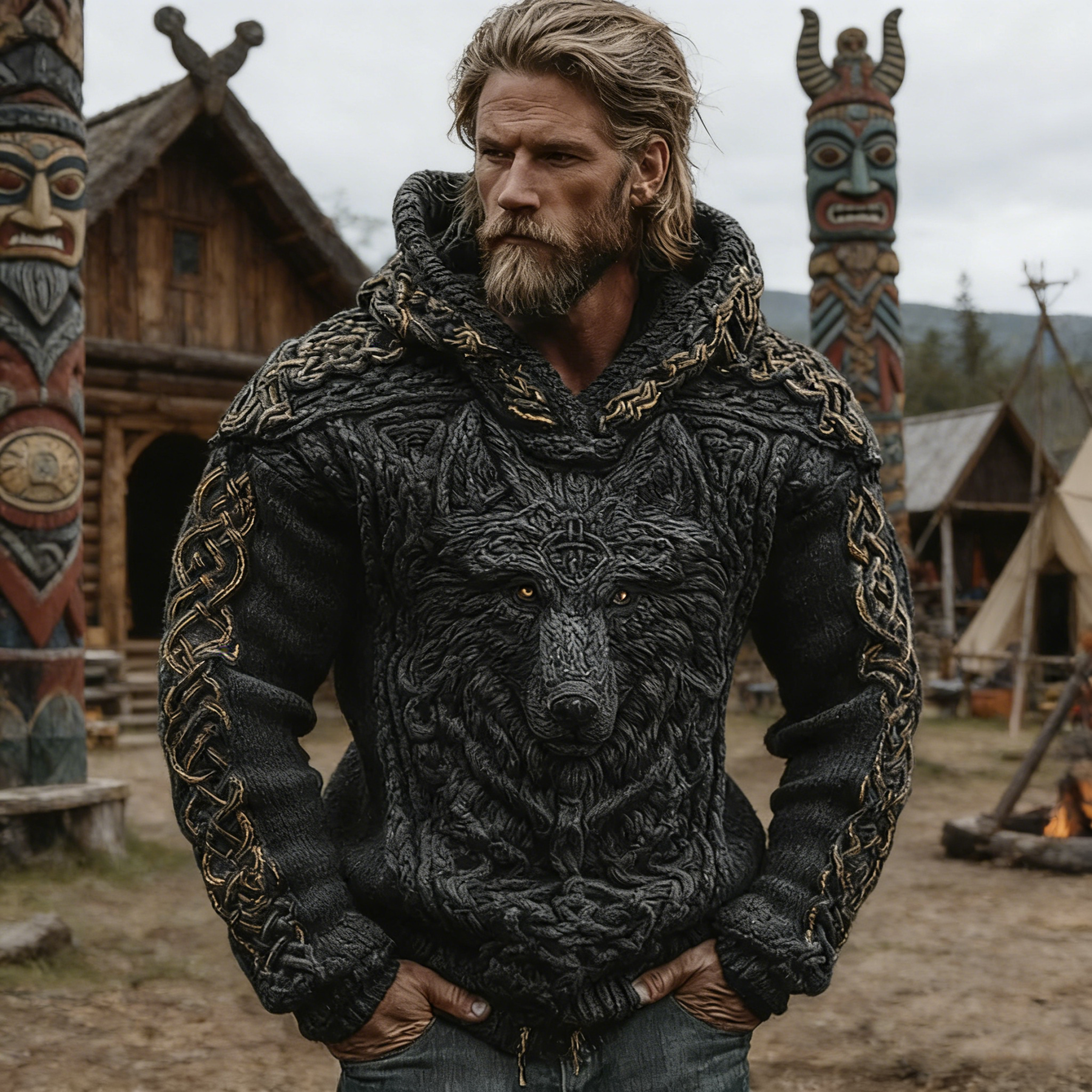 Мъжки плетен пуловер с качулка и жакардов мотив с келтски възел и викингски вълк