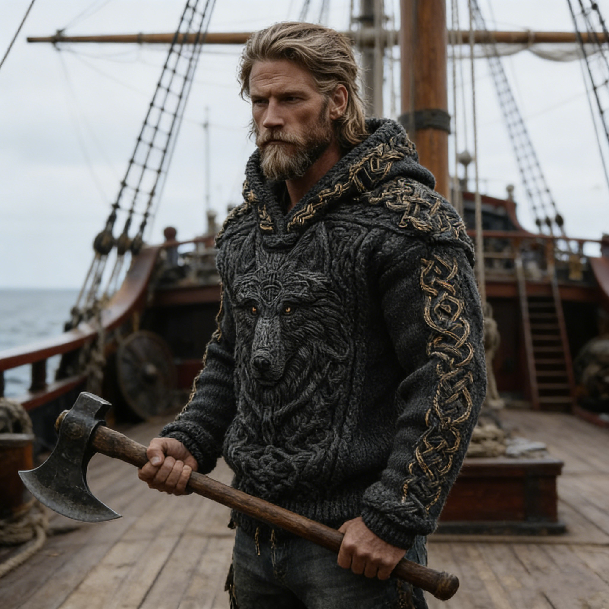 Мъжки плетен пуловер с качулка и жакардов мотив с келтски възел и викингски вълк