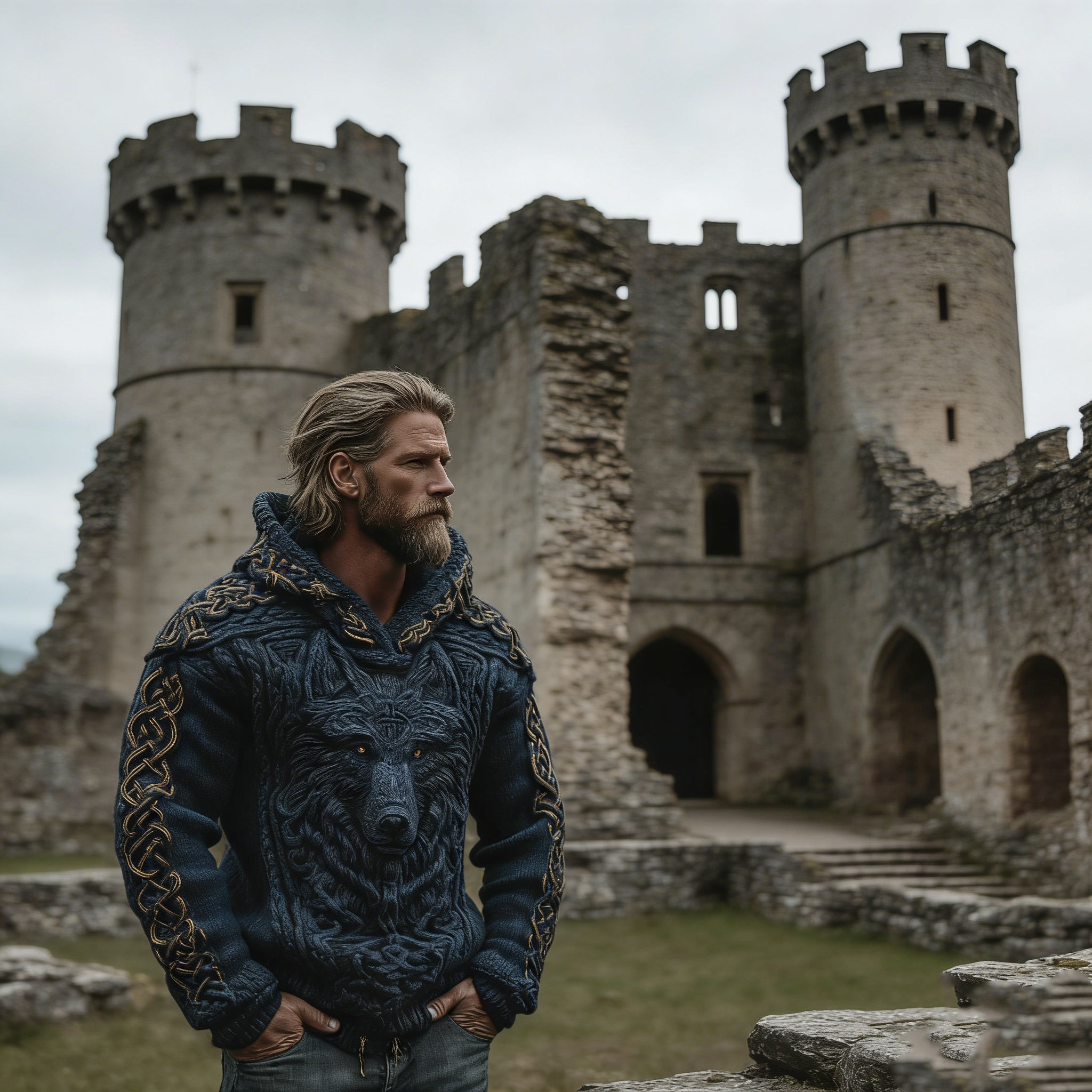 Мъжки плетен пуловер с качулка и жакардов мотив с келтски възел и викингски вълк