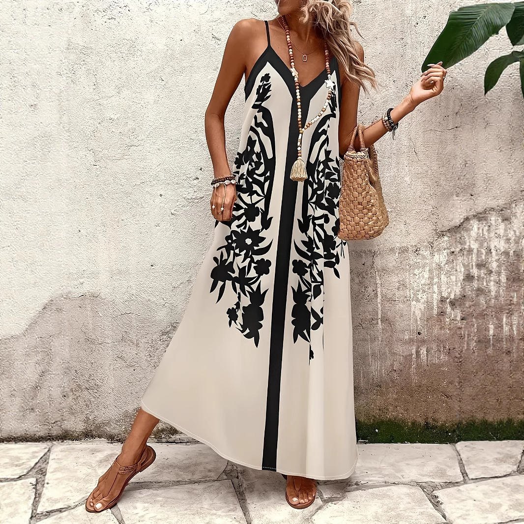 🌿 Ретро черно-бяла флорална рокля с V-образно деколте и халтер