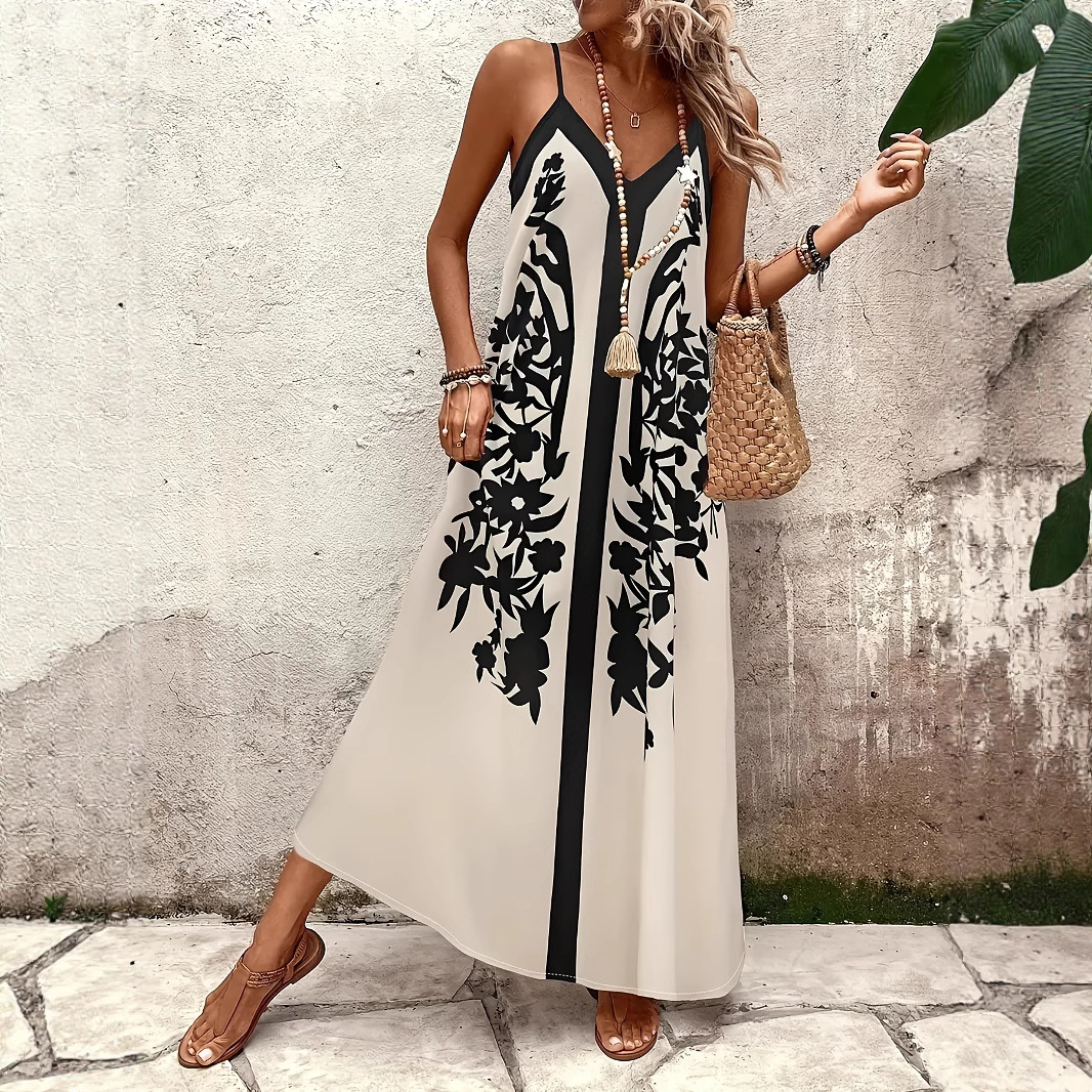 🌿 Ретро черно-бяла флорална рокля с V-образно деколте и халтер