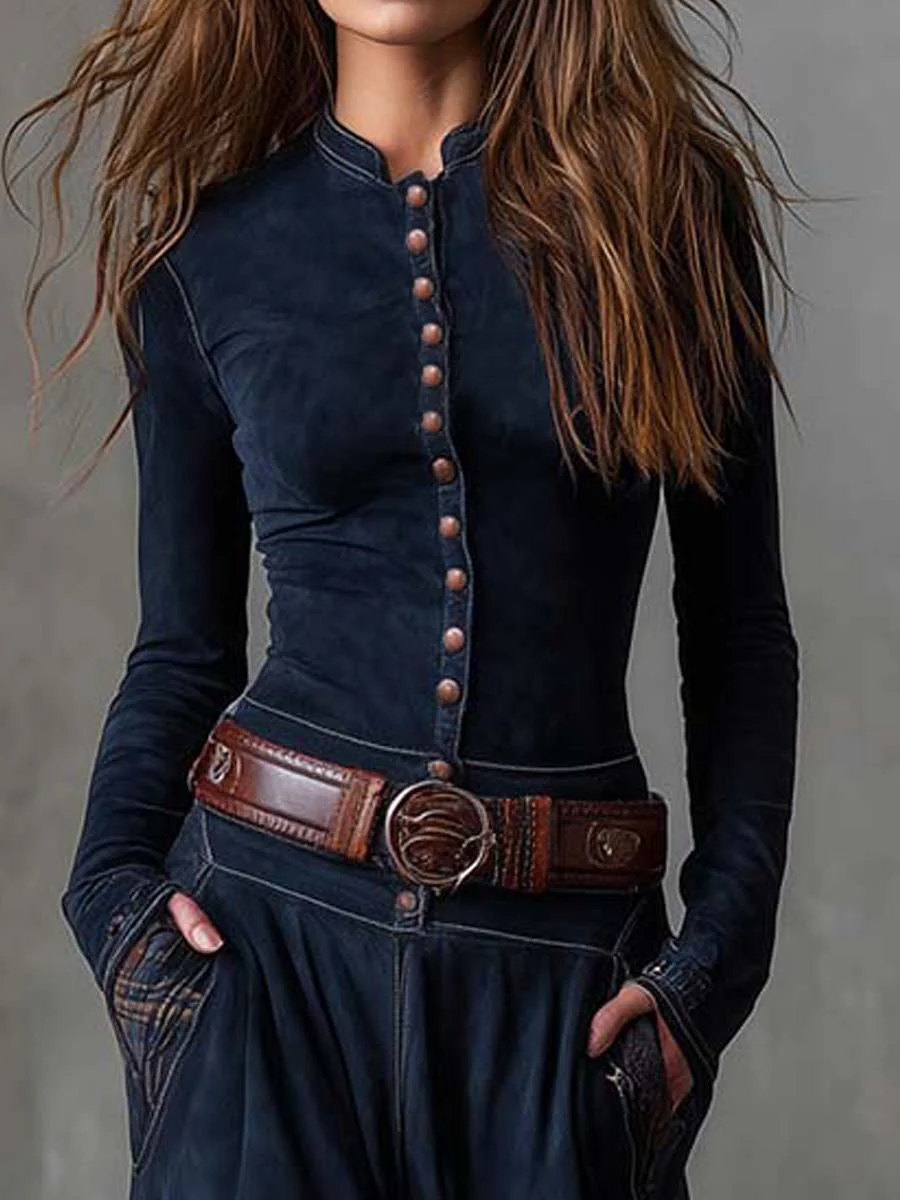 Dlouhé vintage tmavě modré kostkované semišové šaty (s páskem)