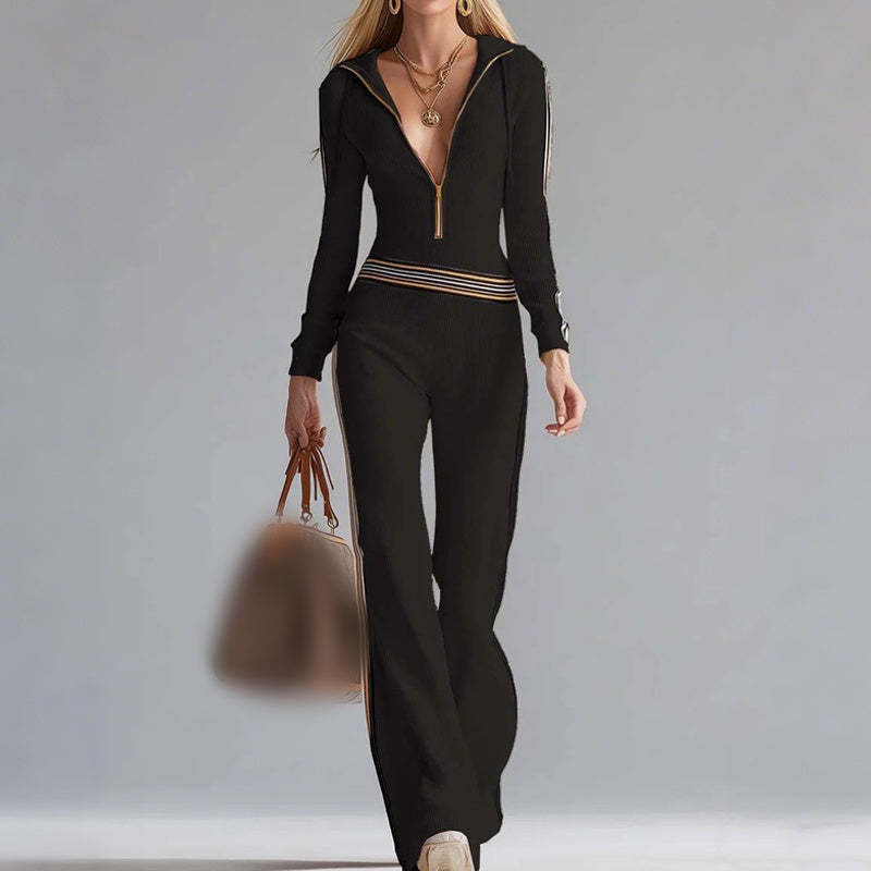 Дамски панталон с качулка, V-образно деколте и цип