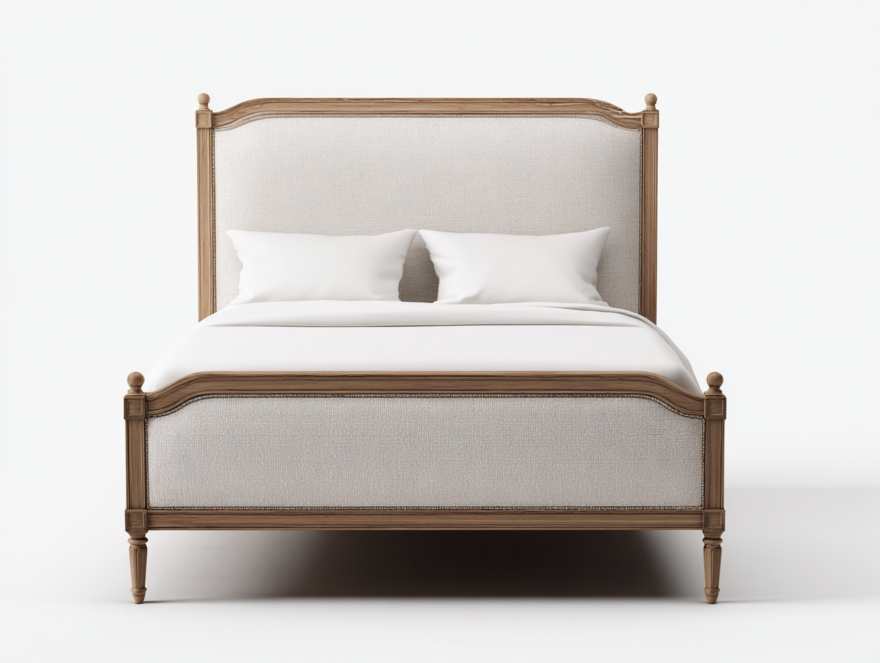 Double Bed french style wooden bed with linen headboard