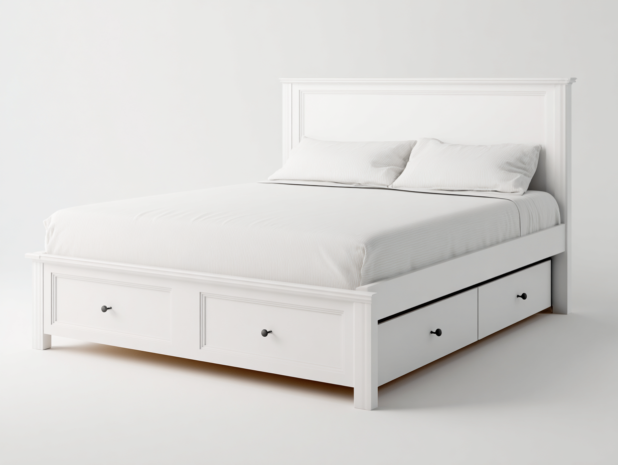 Double Bed white wooden bed with storage drawers