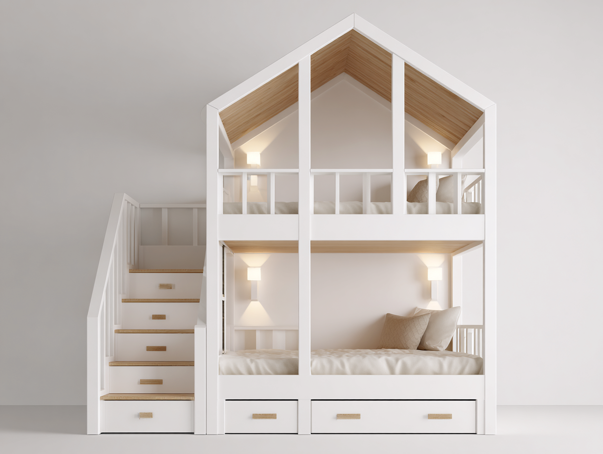 Children's Bed house shaped loft bed with stairs 178x110x190 cm - white/natural wood