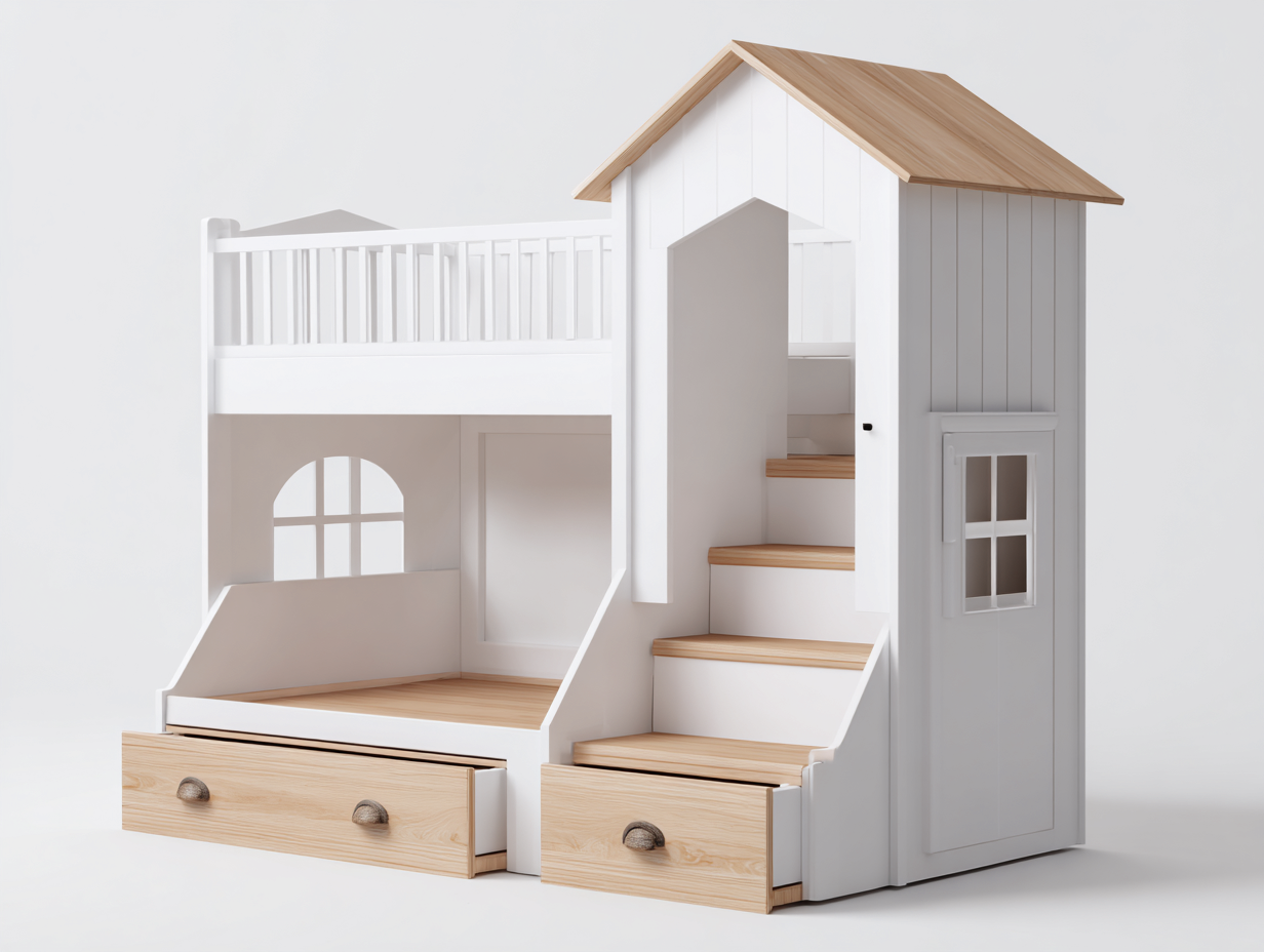 Children's Bed house style loft bed with stairs 177x105x185 cm - white/natural wood