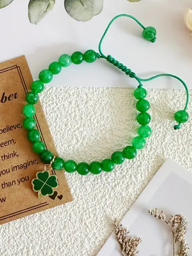 Green Nature Stone Clove Bracelet Four-Leaf Clover Heart