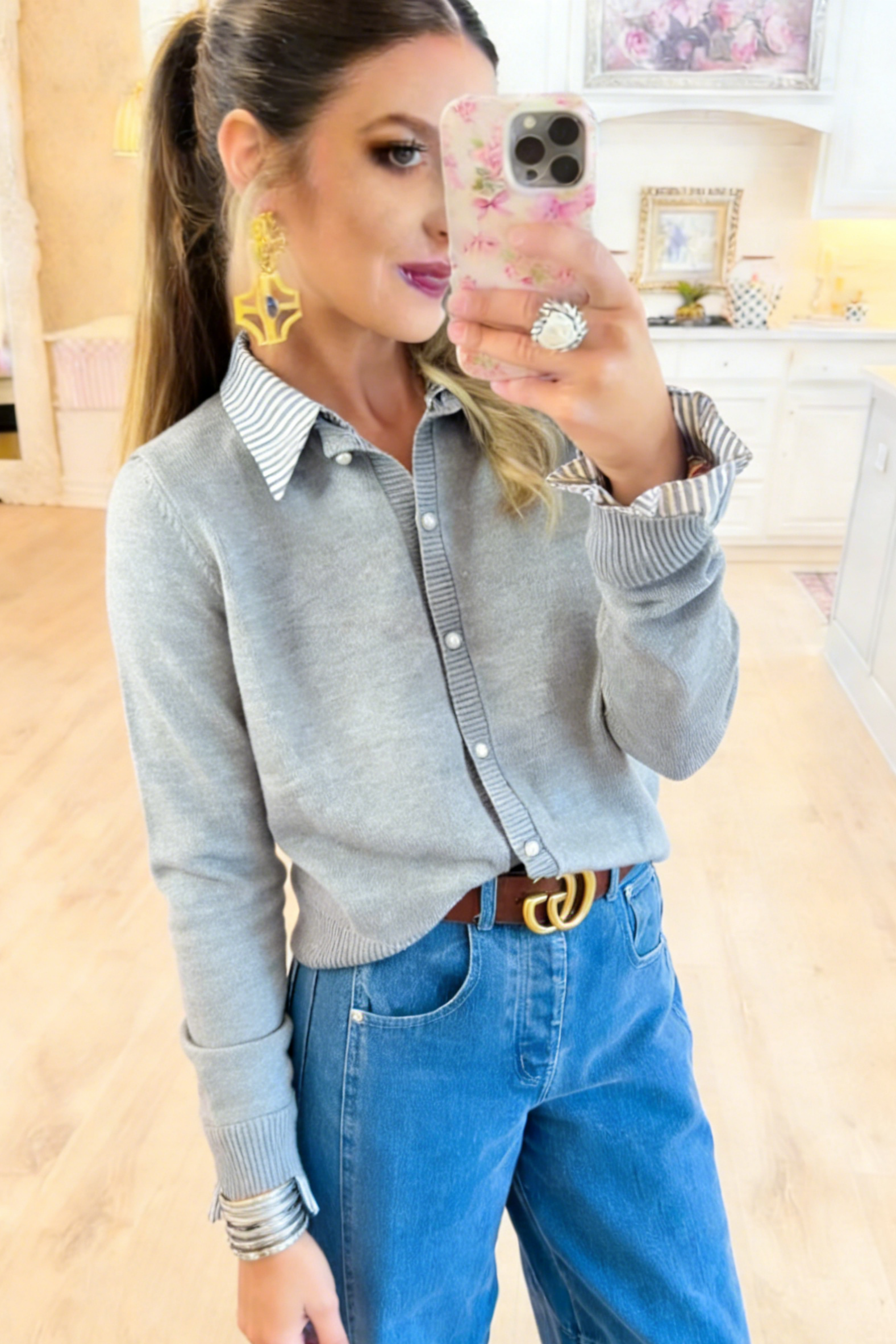 Grey Knit Contrast Collar Cardigan