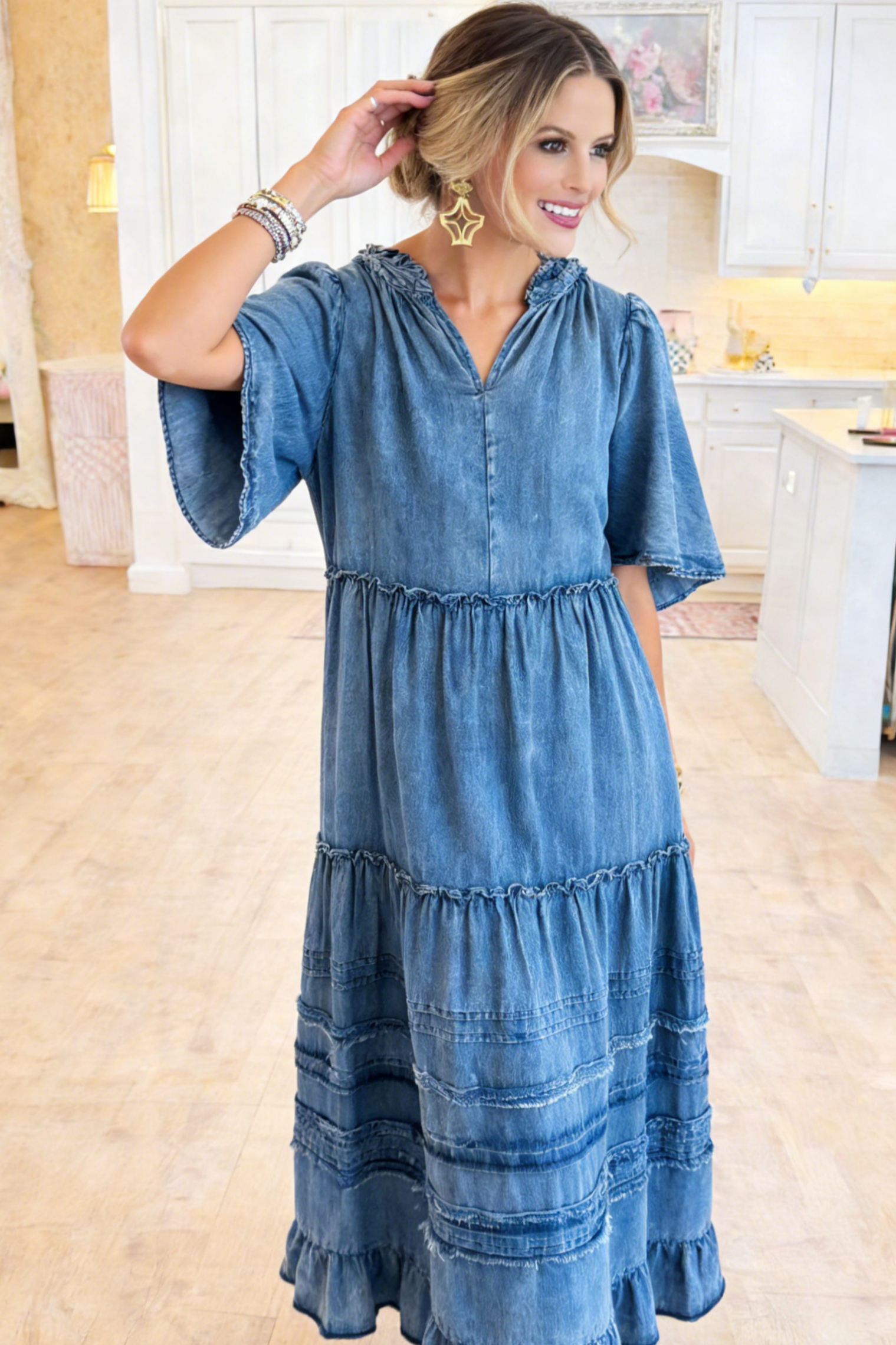 Washed Denim Tiered Maxi Dress