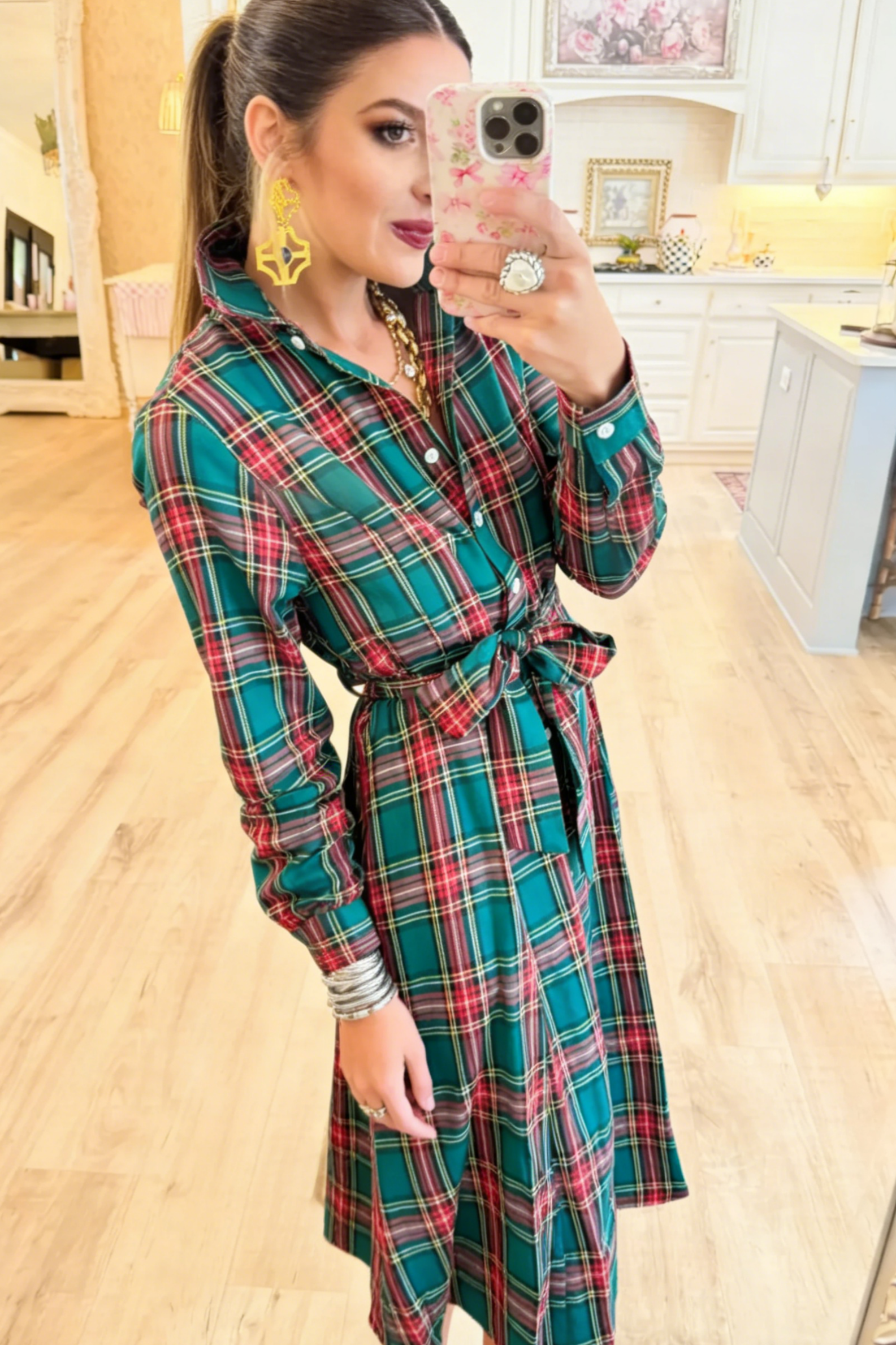 Hunter Green Multi Plaid Midi Dress