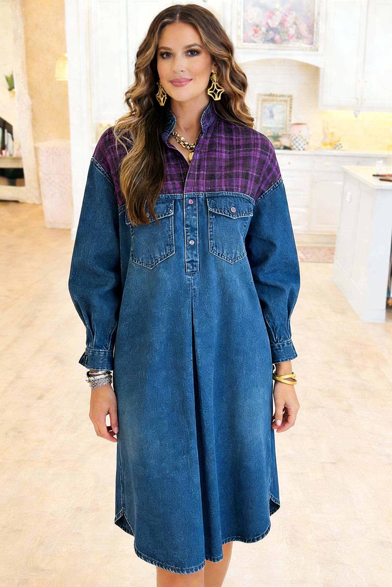 Flap Pocket Plaid Denim Dress