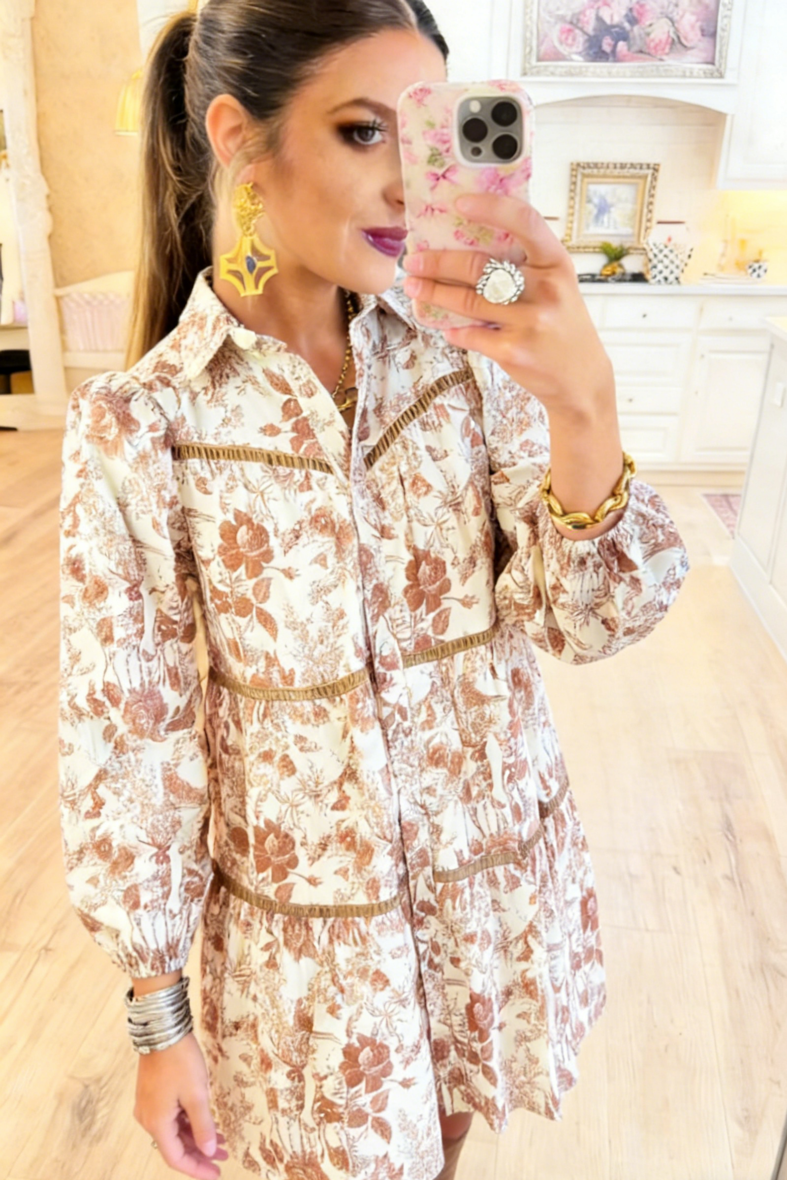 Brown Toile Button Down Dress