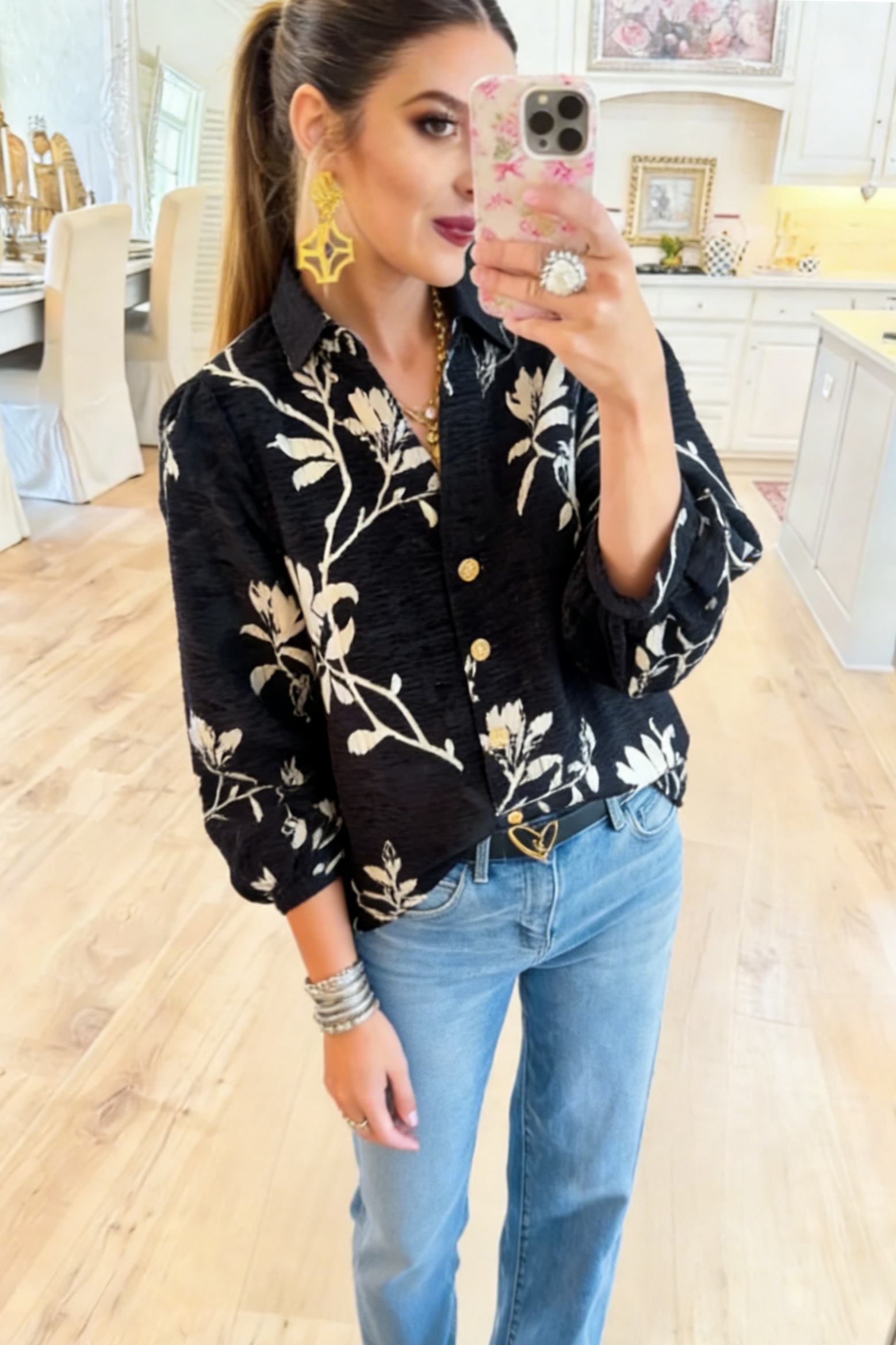 Black Button Down Floral Top