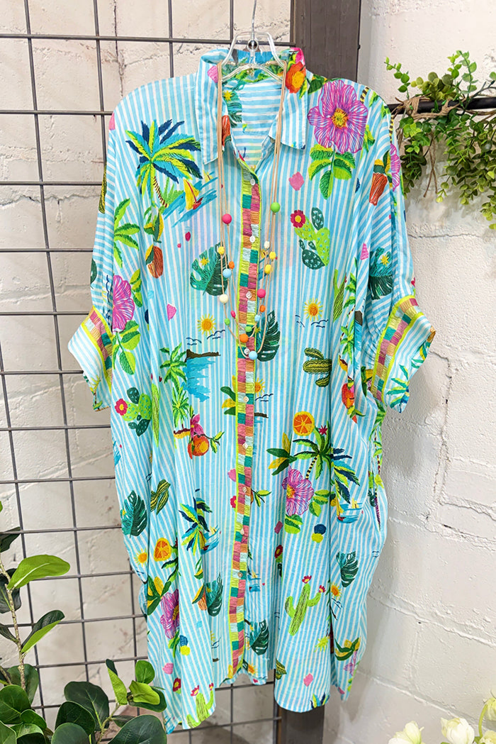 Aqua Tropical Print Shirt Dress