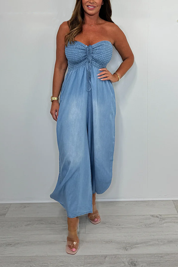 Denim Bandeau Harem Smocked Top Jumpsuit