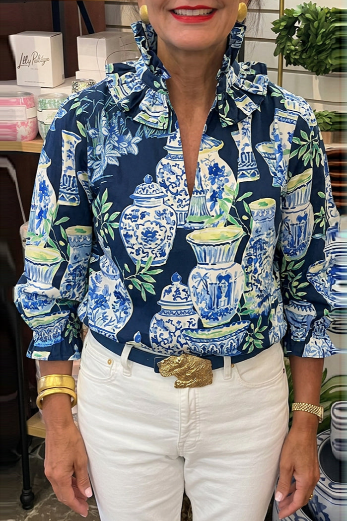 Vase Print Ruffle Collar Top