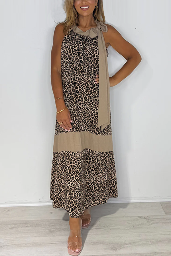 Leopard Print Tie Neck Floaty Dress