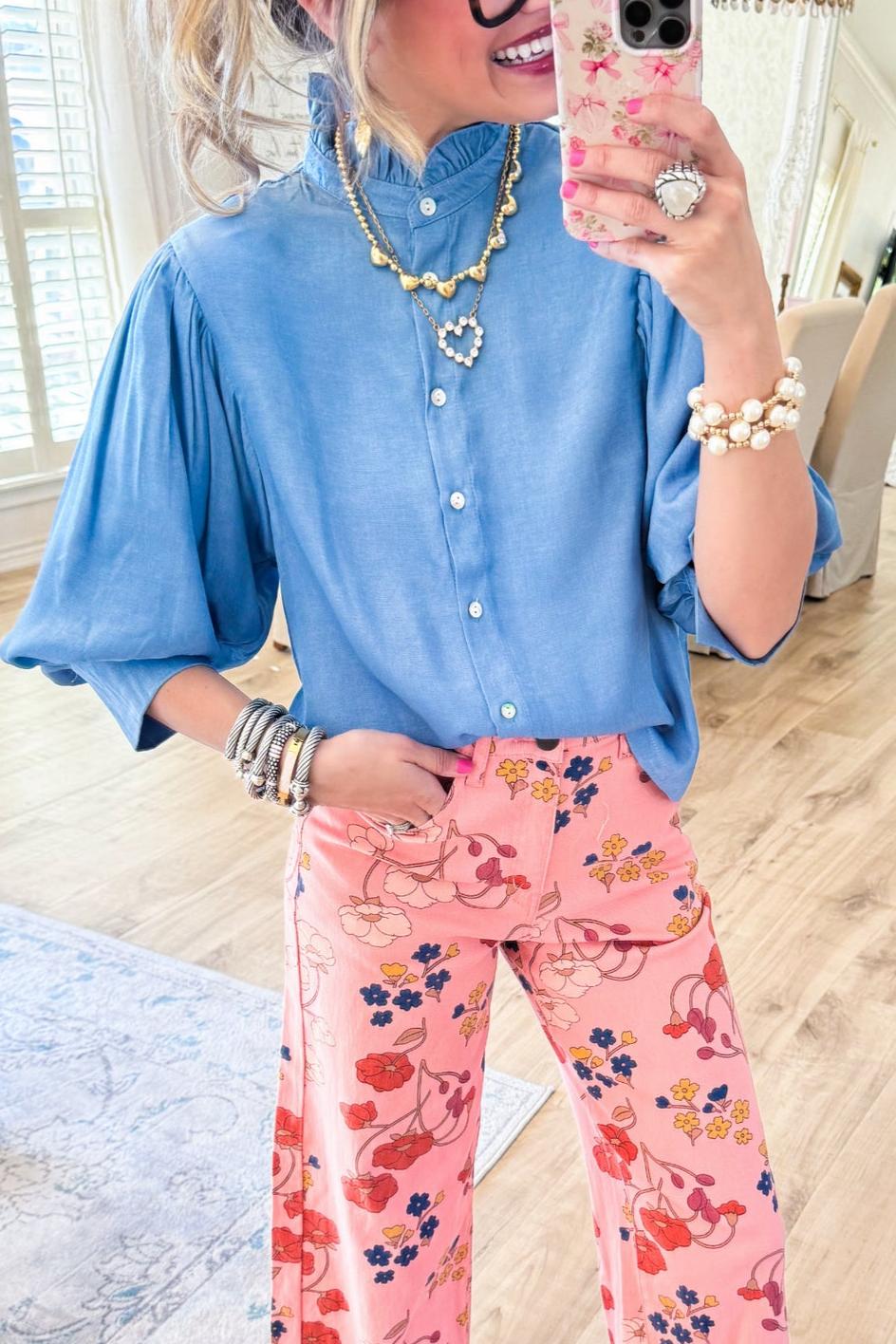 Sky Blue Ruffle Neck Puff Sleeve Blouse