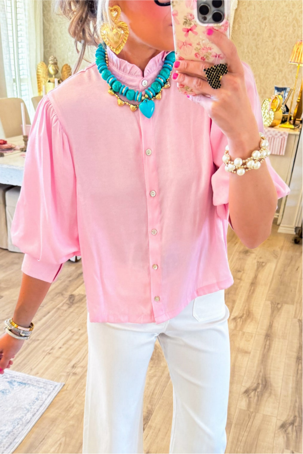 Pink Ruffle Neck Puff Sleeve Blouse