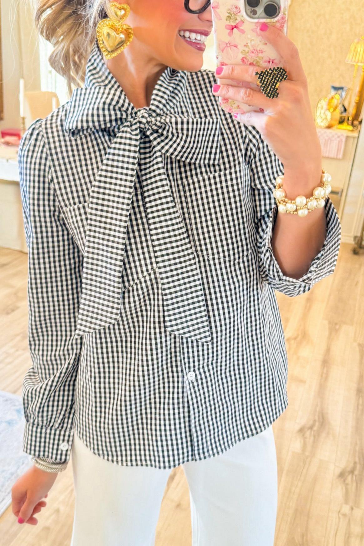 Gingham Bow Button Up Top