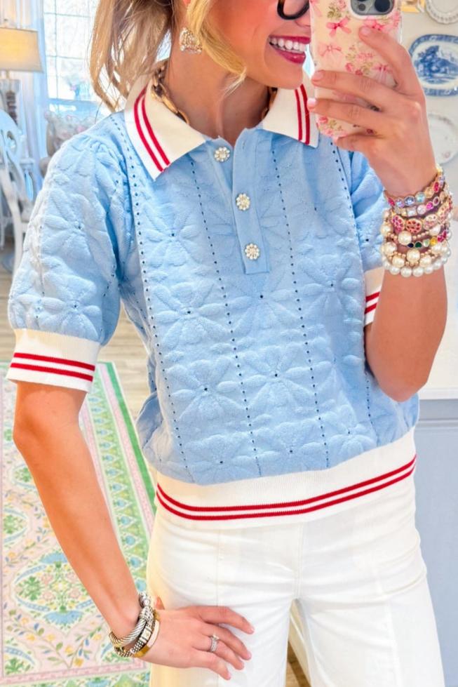 Light Blue and Red Knit Puff Sleeve Top