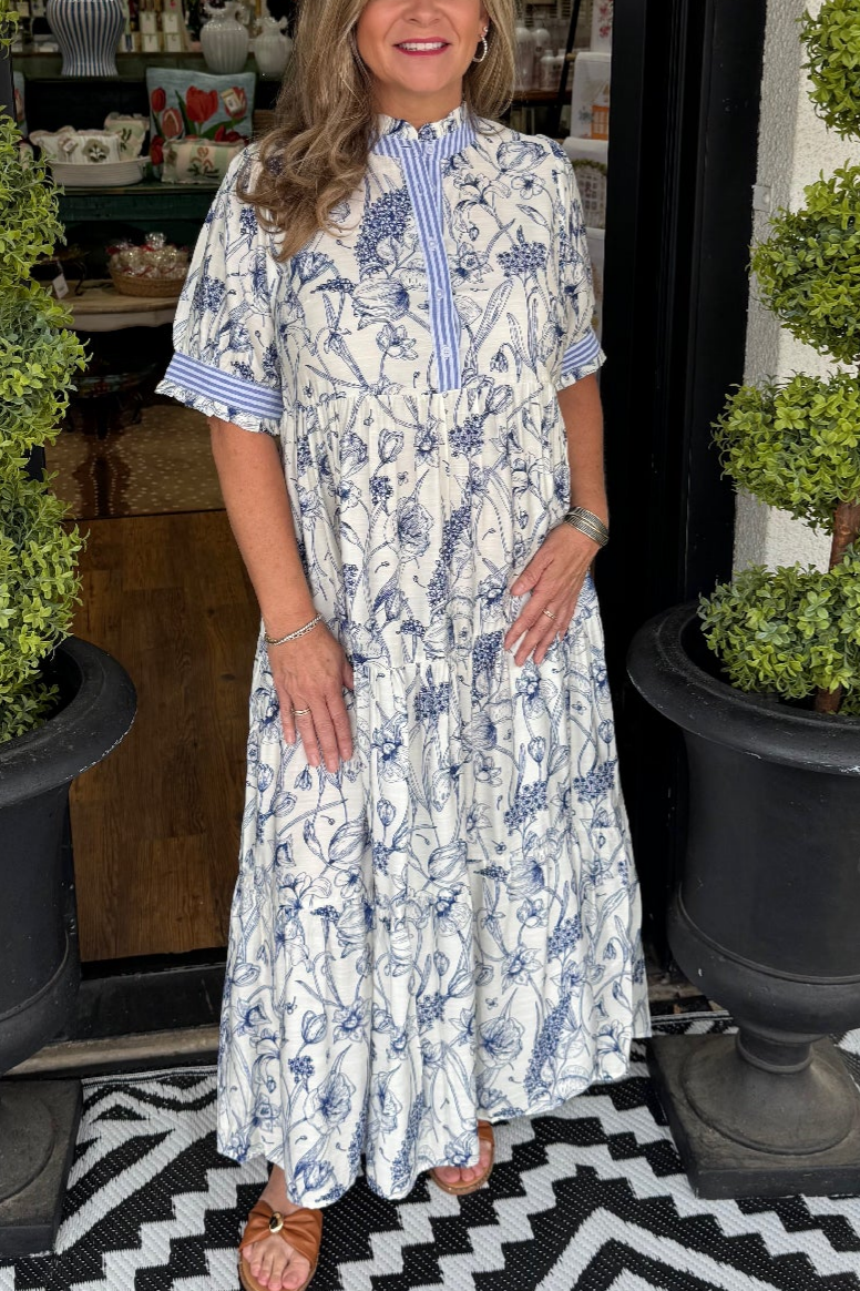Floral Striped Trim Tiered Maxi Dress