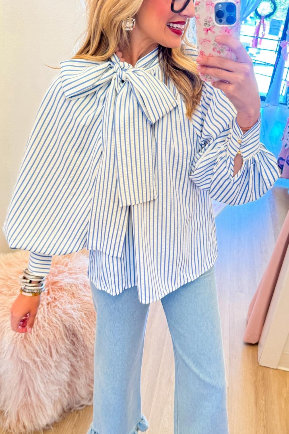 Blue Stripe Bow Top