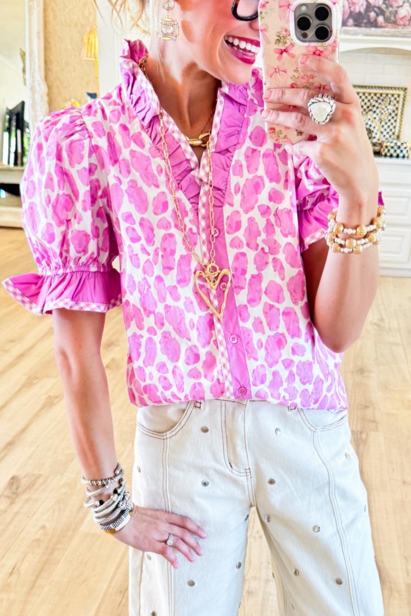 Pink Leopard Ruffle Neck Button Up Top