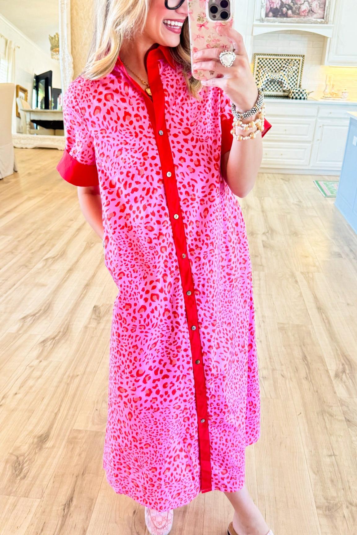 Pink Leopard Contrast Midi Dress