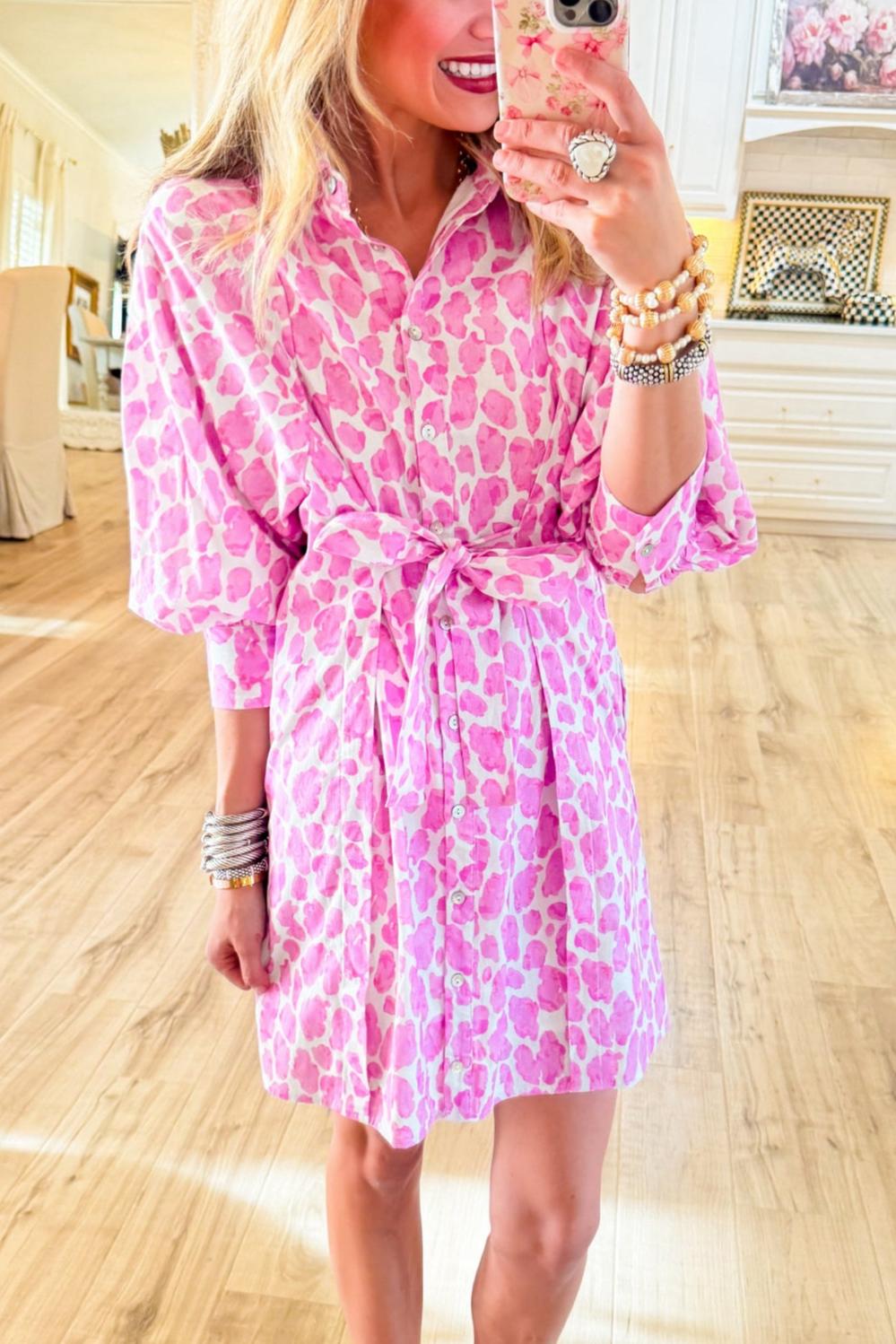 Pink and White Animal Print Puff Sleeve Dress