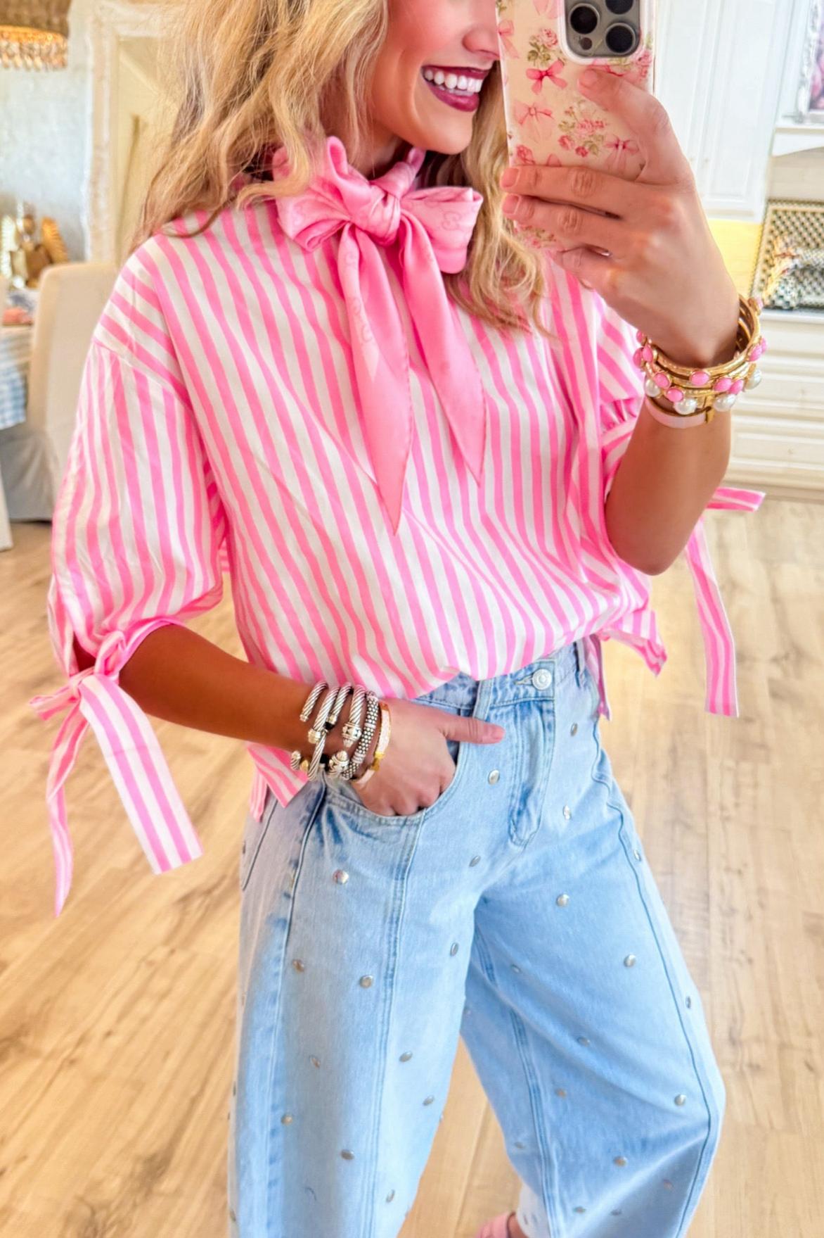 Neon Pink Stripe Bow Sleeve Top