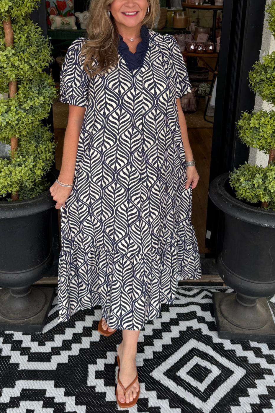 Print Ruffle Neck Tiered Maxi Dress