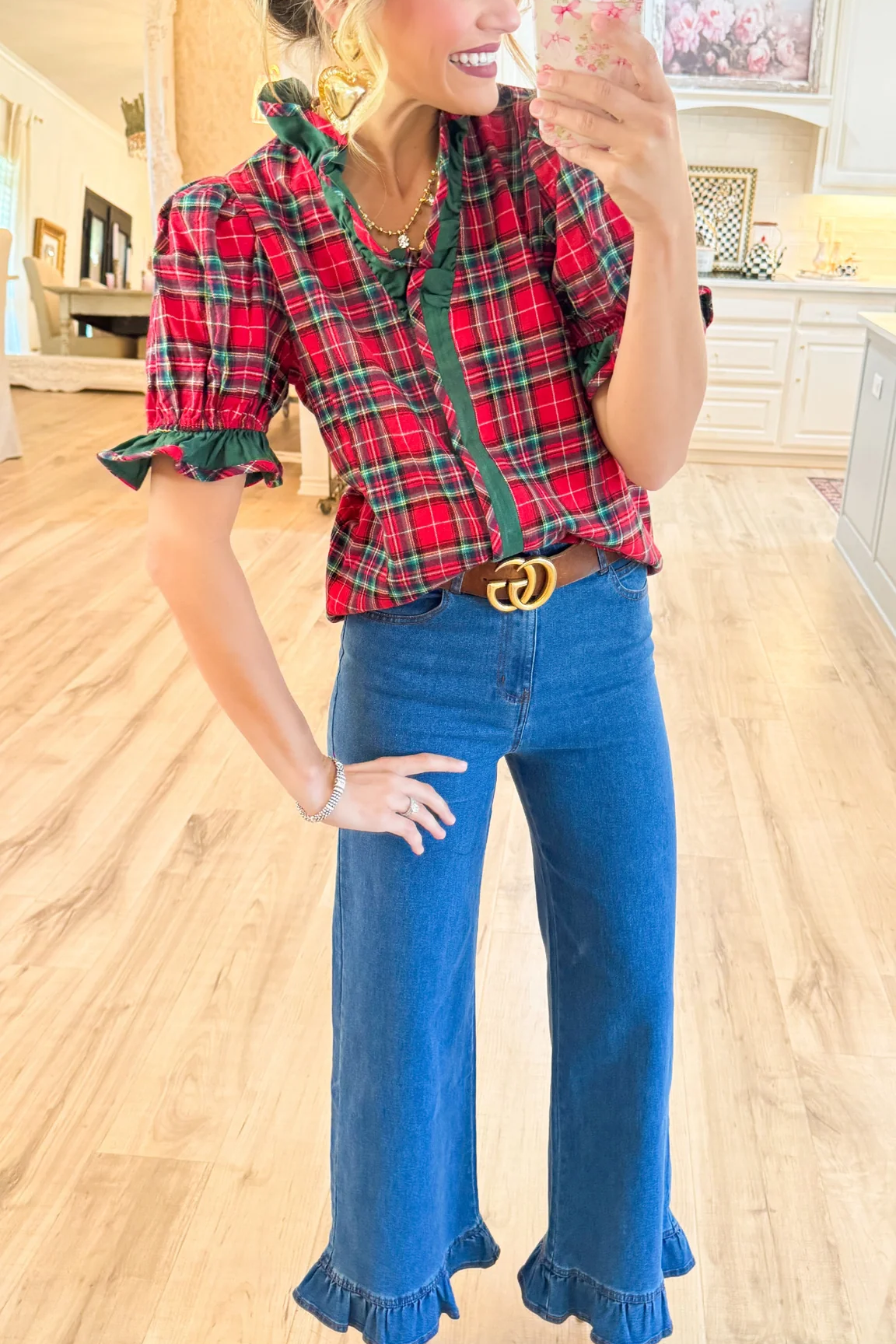 Red Plaid Puff Sleeve Ruffle Trim Blouse