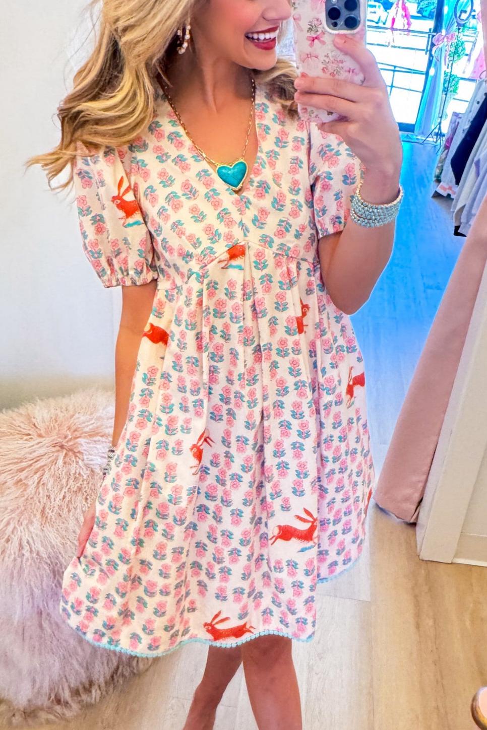 V-neck puff sleeve bunny floral dress