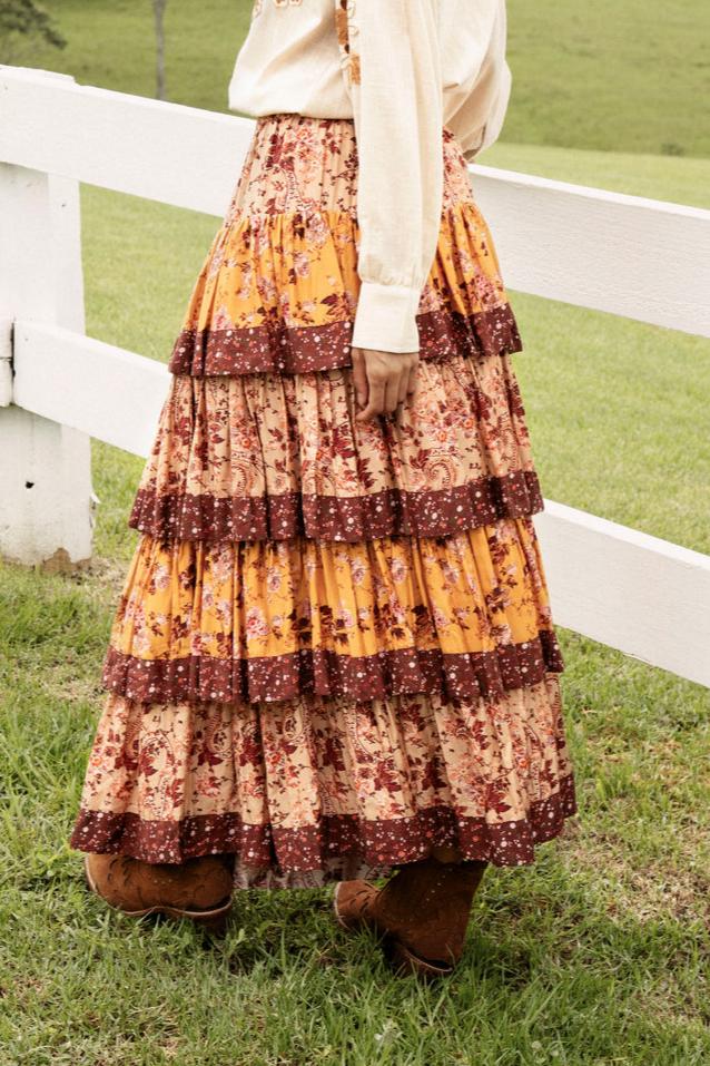 Boho Tiered Ruffle Floral Print Maxi Skirt