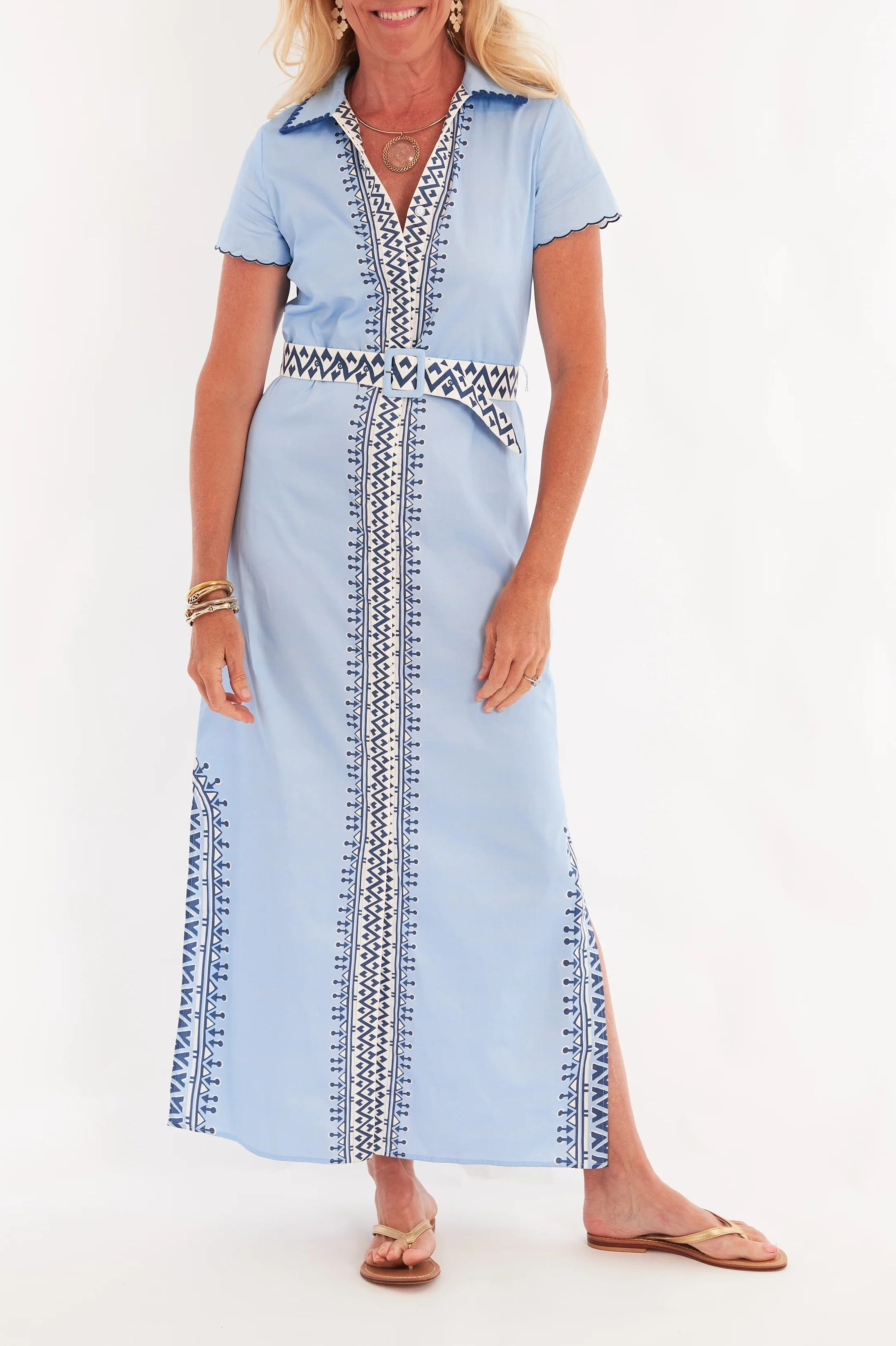 Light Blue Embroidered Belted Shirt Maxi Dress