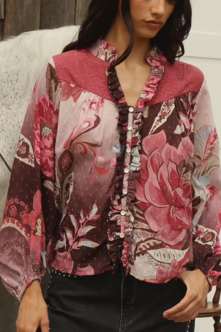 Billowy Sleeves Floral Print Ruffle Neck Flowy Blouse