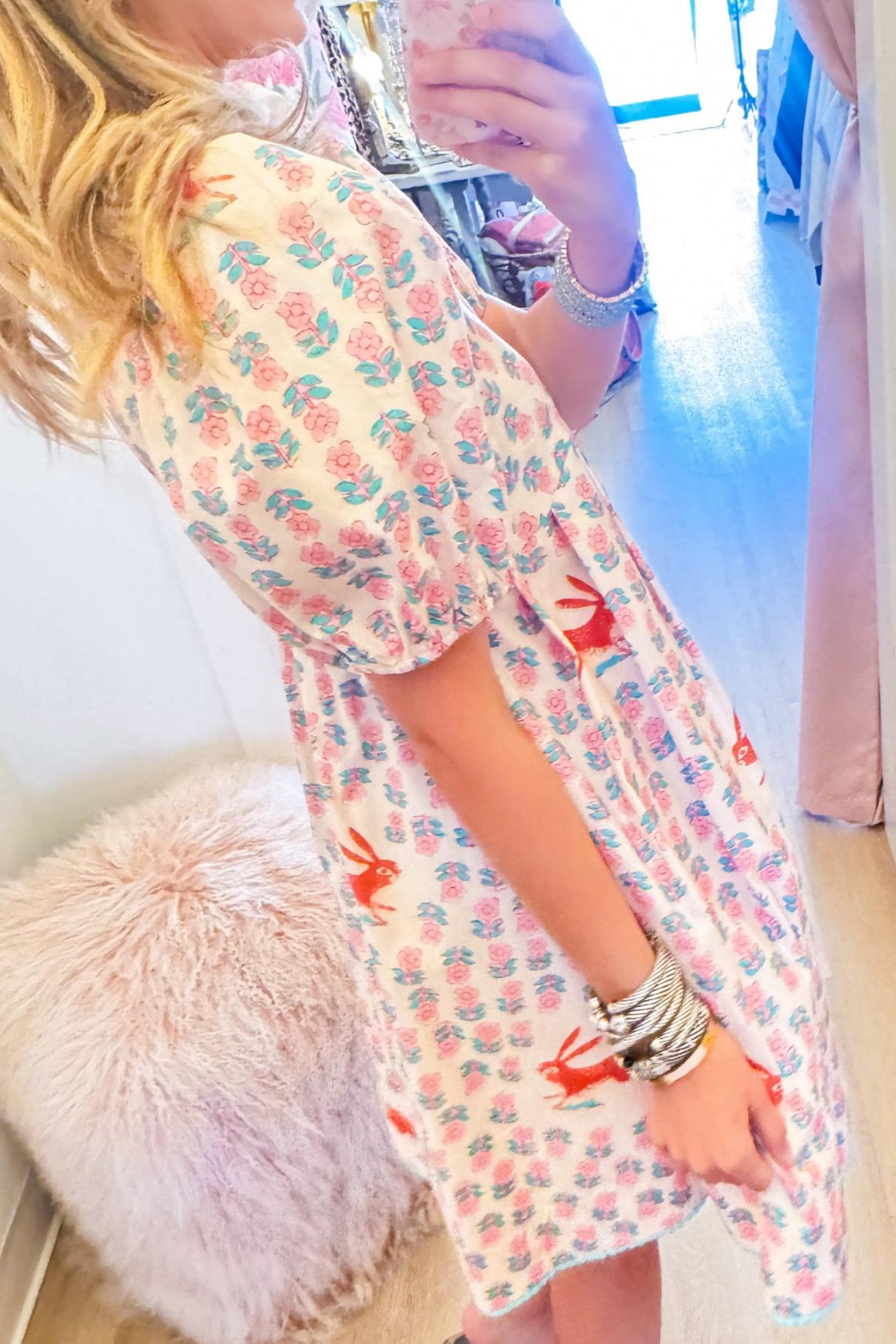 V-neck puff sleeve bunny floral dress