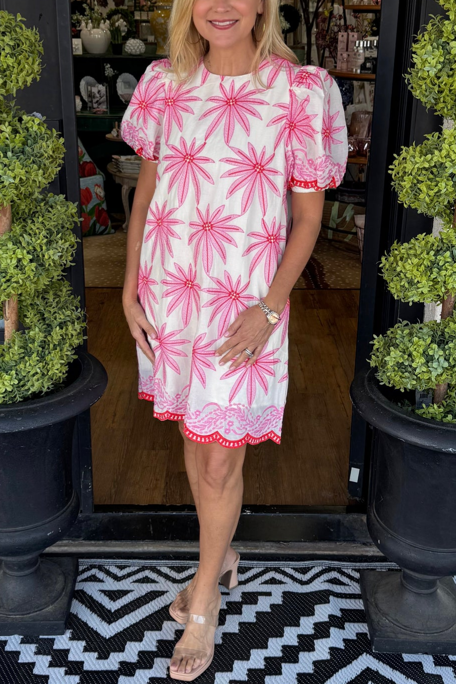 White & Pink Floral Print Puff Sleeve Shift Dress