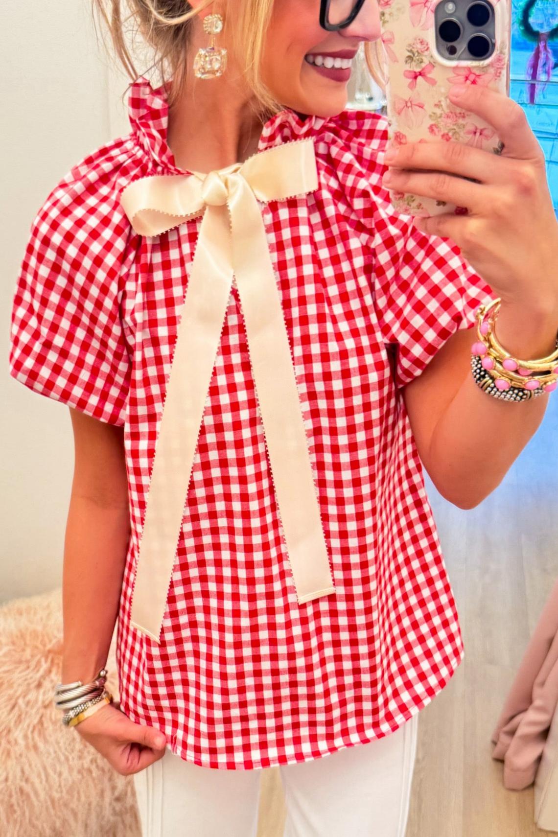 Red Gingham Puff Sleeve Bow Top