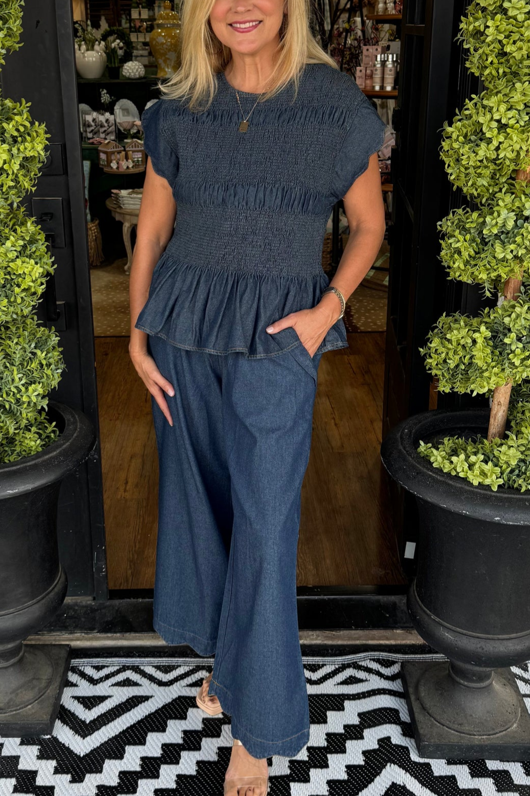 Denim Smocked Peplum Set