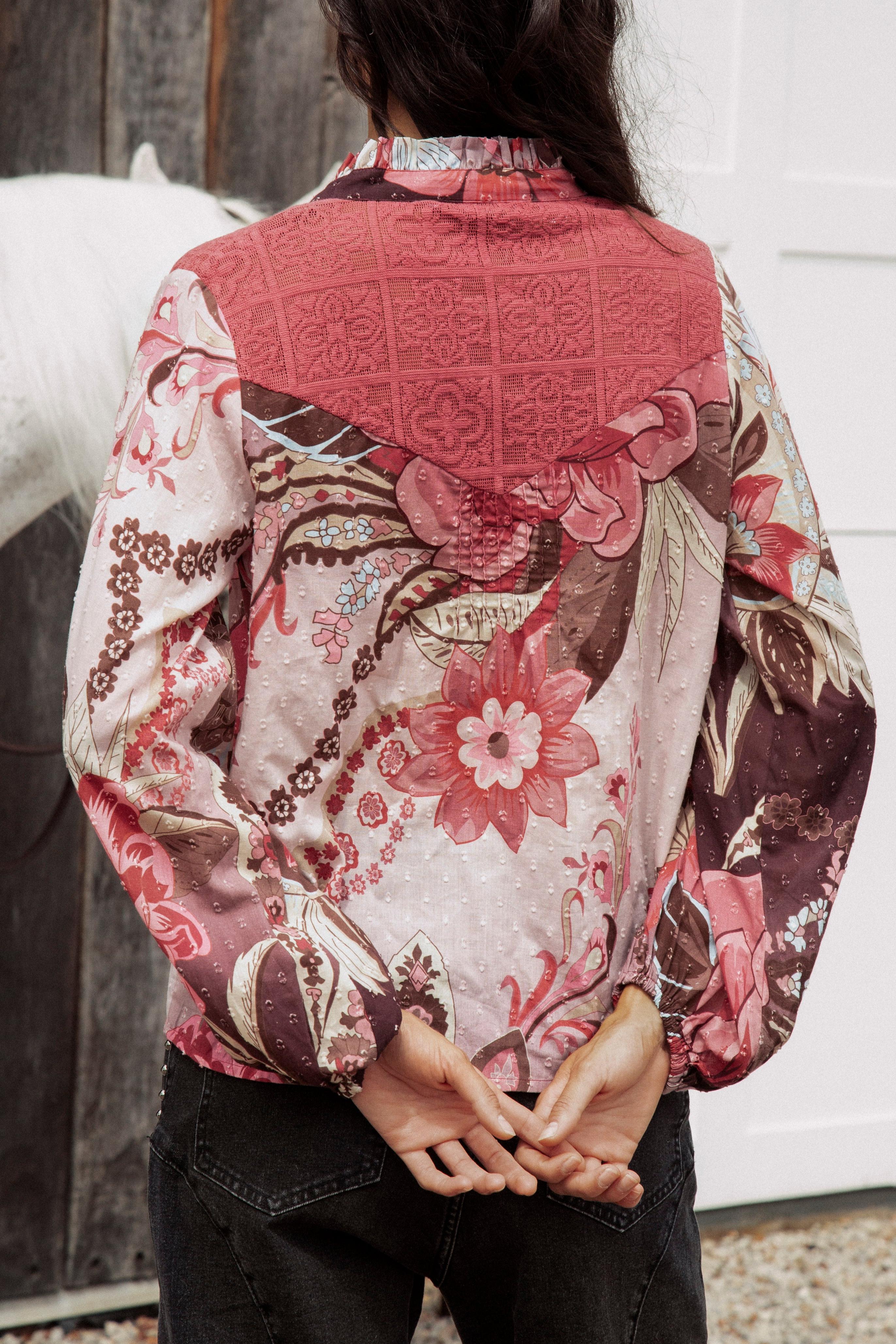 Billowy Sleeves Floral Print Ruffle Neck Flowy Blouse