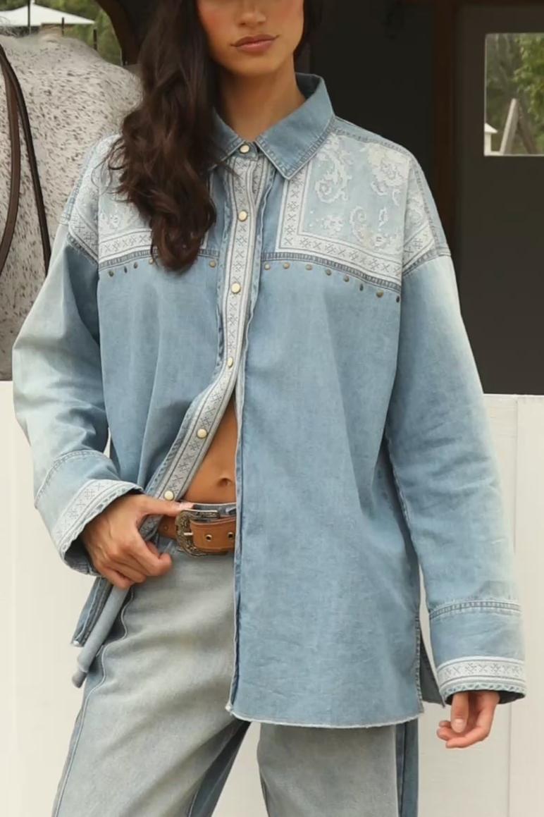 Western Embroidered Studded Denim Button Down Shirt