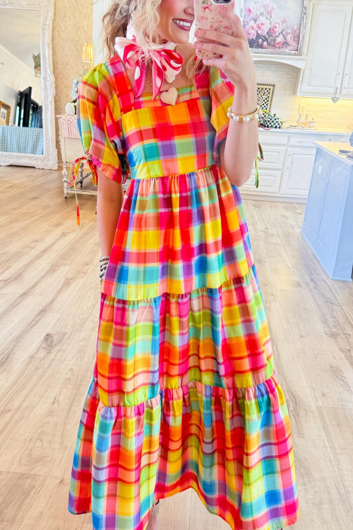Colorful Checkered Puff Sleeve Maxi Dress