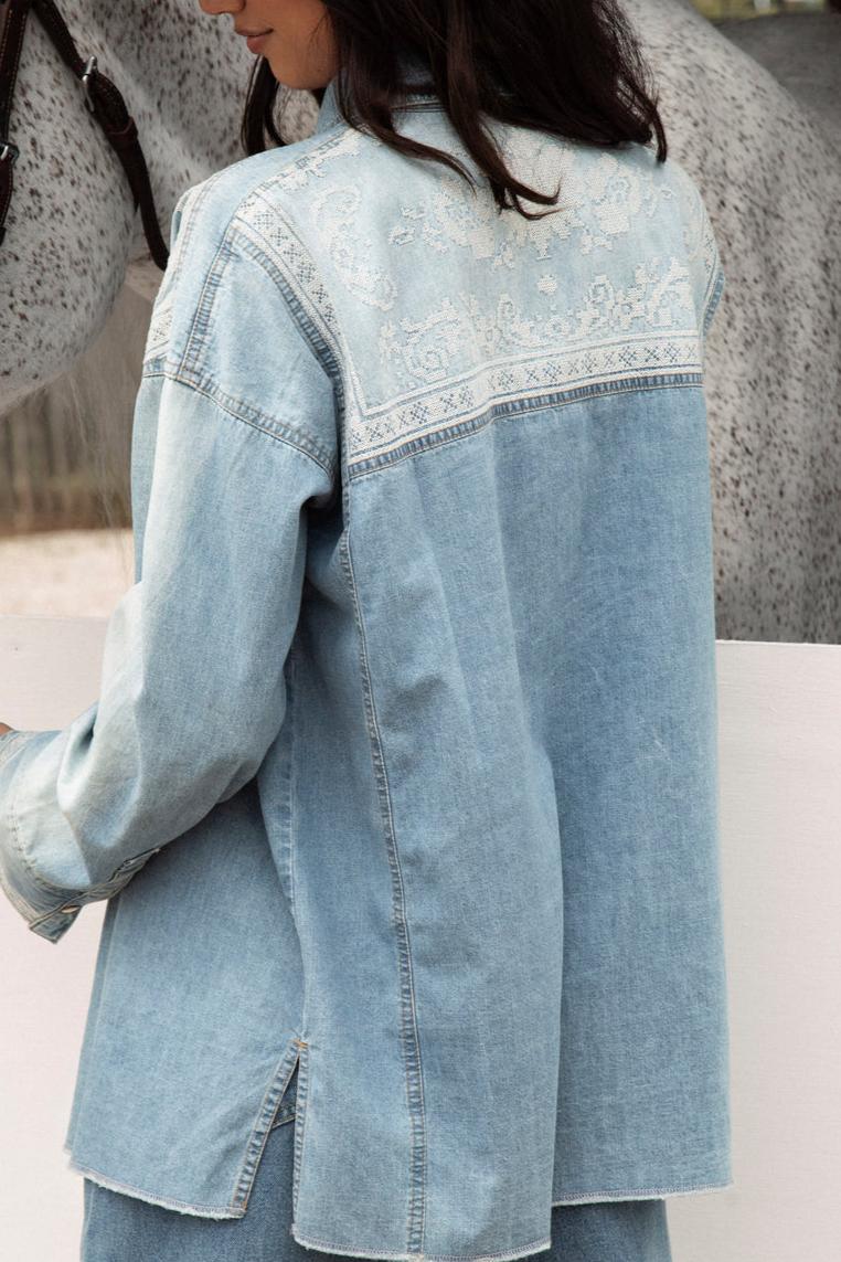 Western Embroidered Studded Denim Button Down Shirt