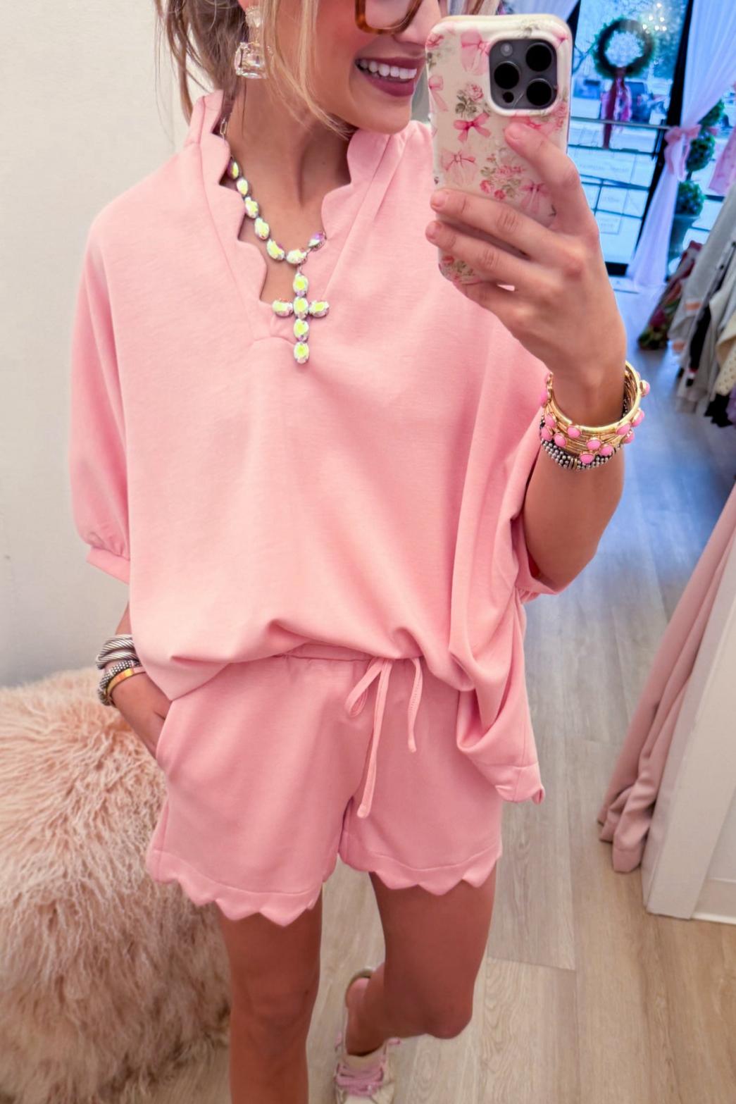 Pink Scallop Hem Short Set