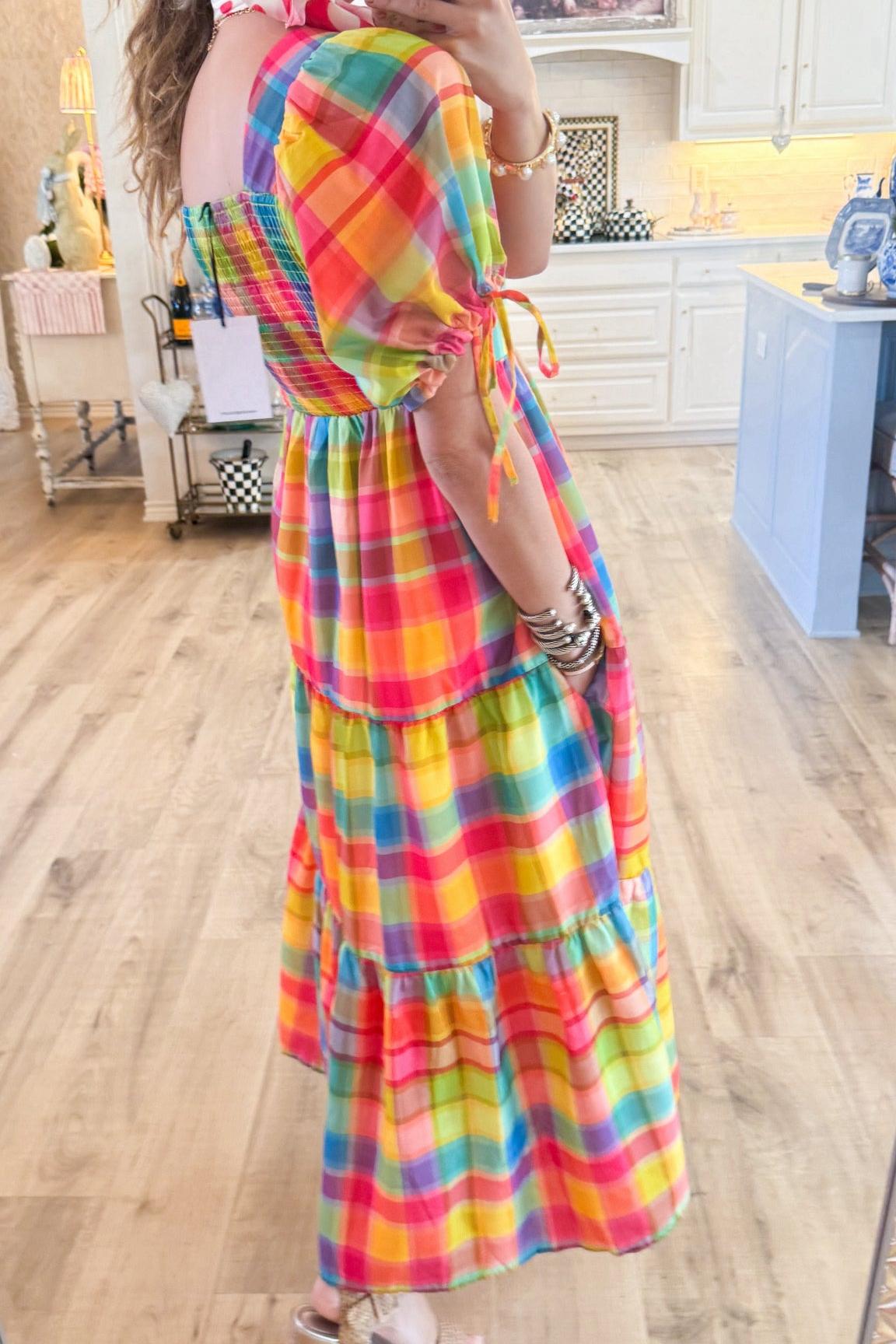Colorful Checkered Puff Sleeve Maxi Dress