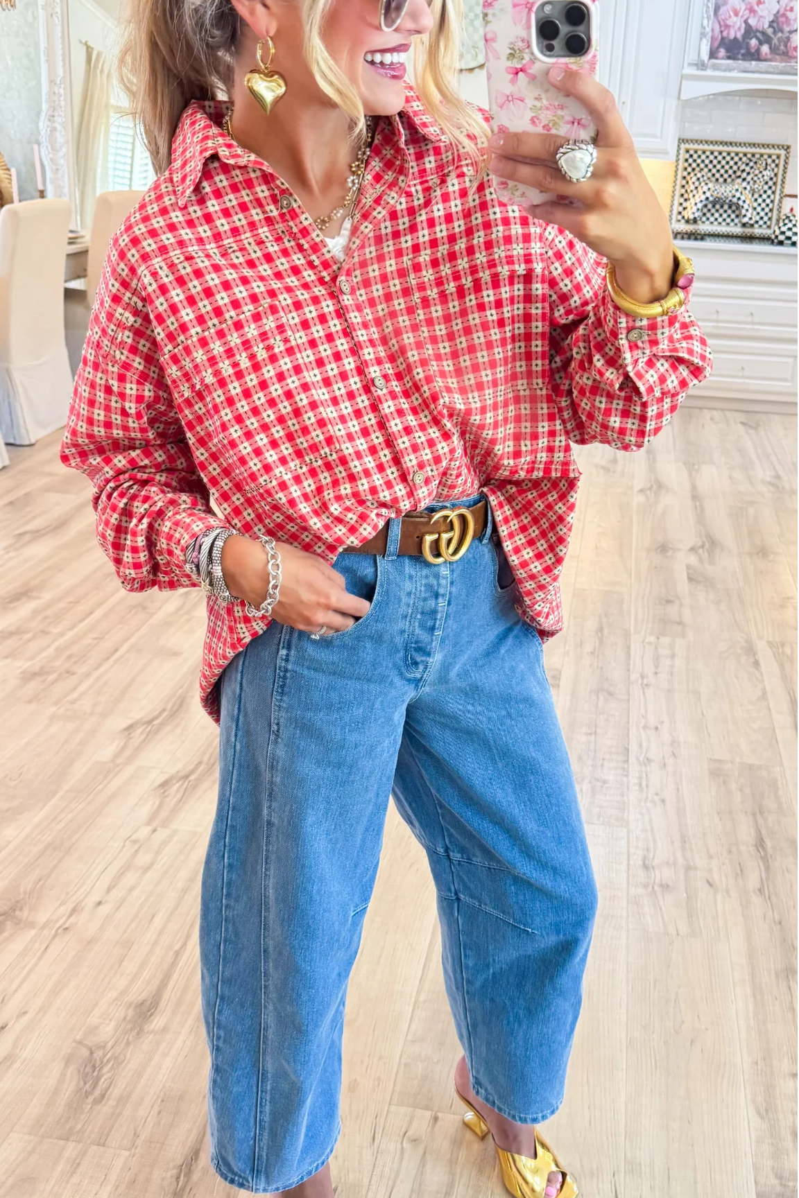 Boho Red Plaid Button Down Washed Shirt